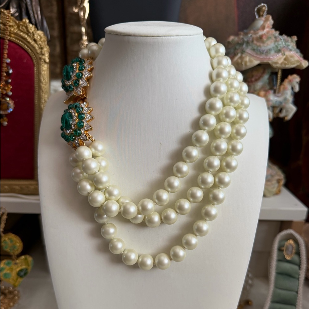 Kenneth Jay Lane signed Triple Strand glass Pearl Necklace with Emerald Accent